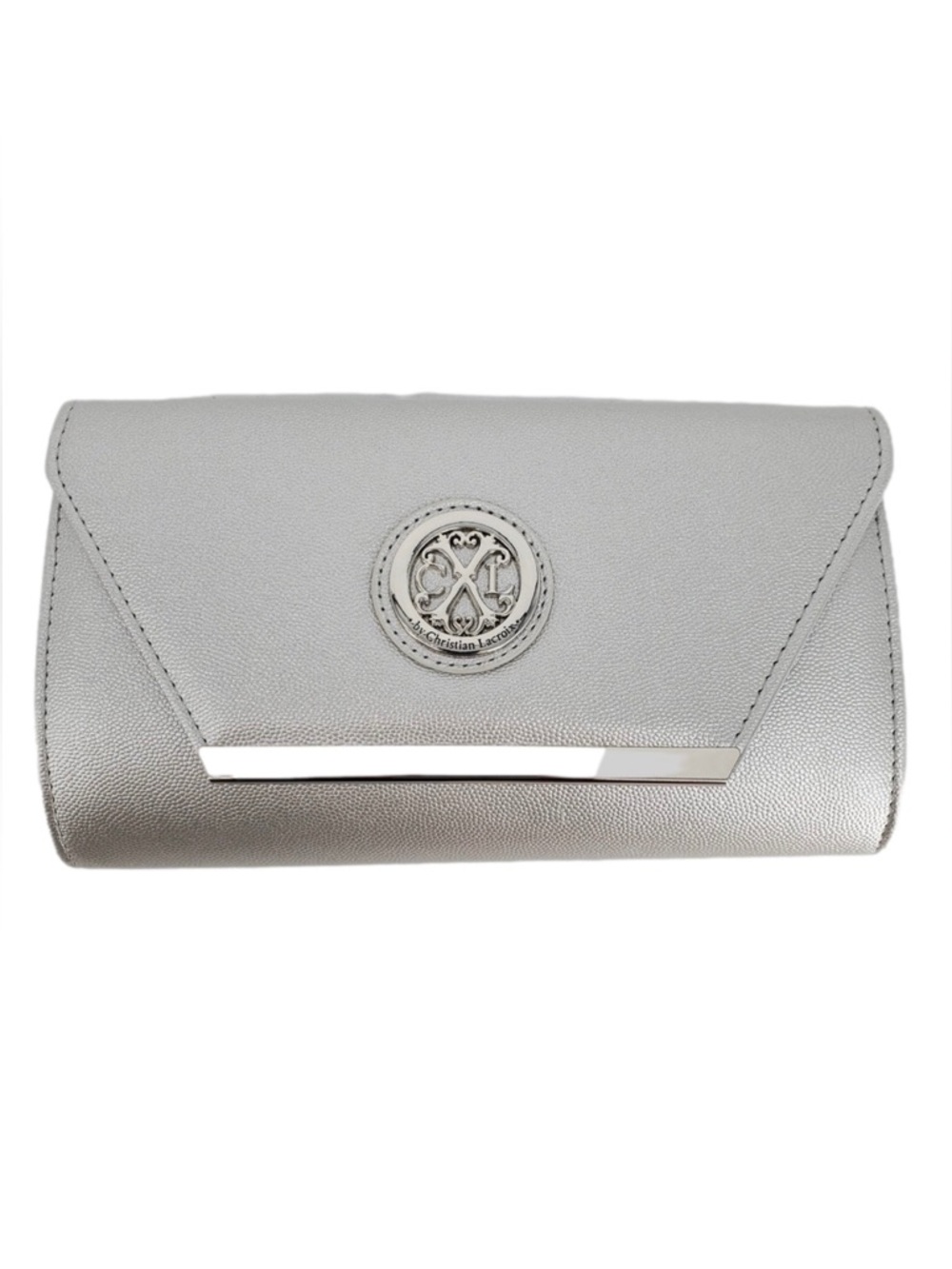 CXL by Christian Lacroix Metallic Silver glam caviar Envelope Clutch NEW